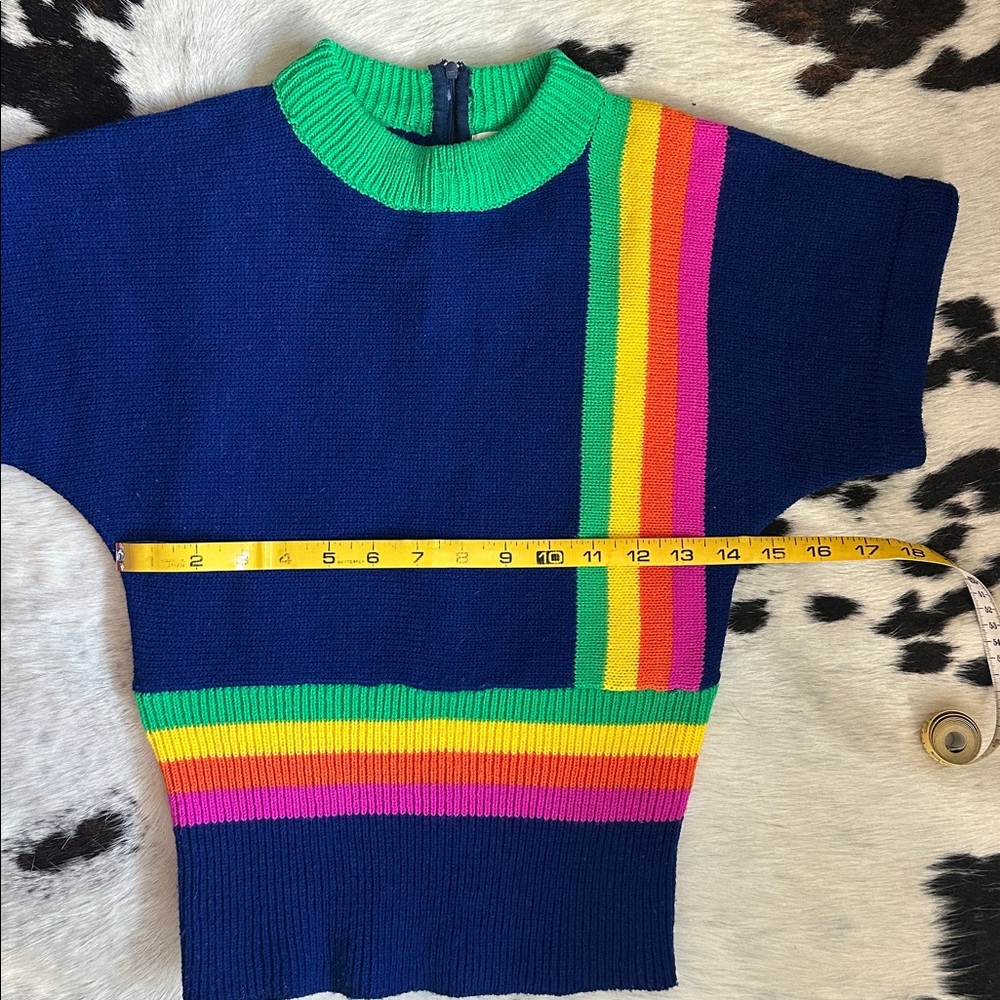 Vintage Colorful Blue Green Yellow Pink Striped Knit Sweater Top - Picture 4 of 7